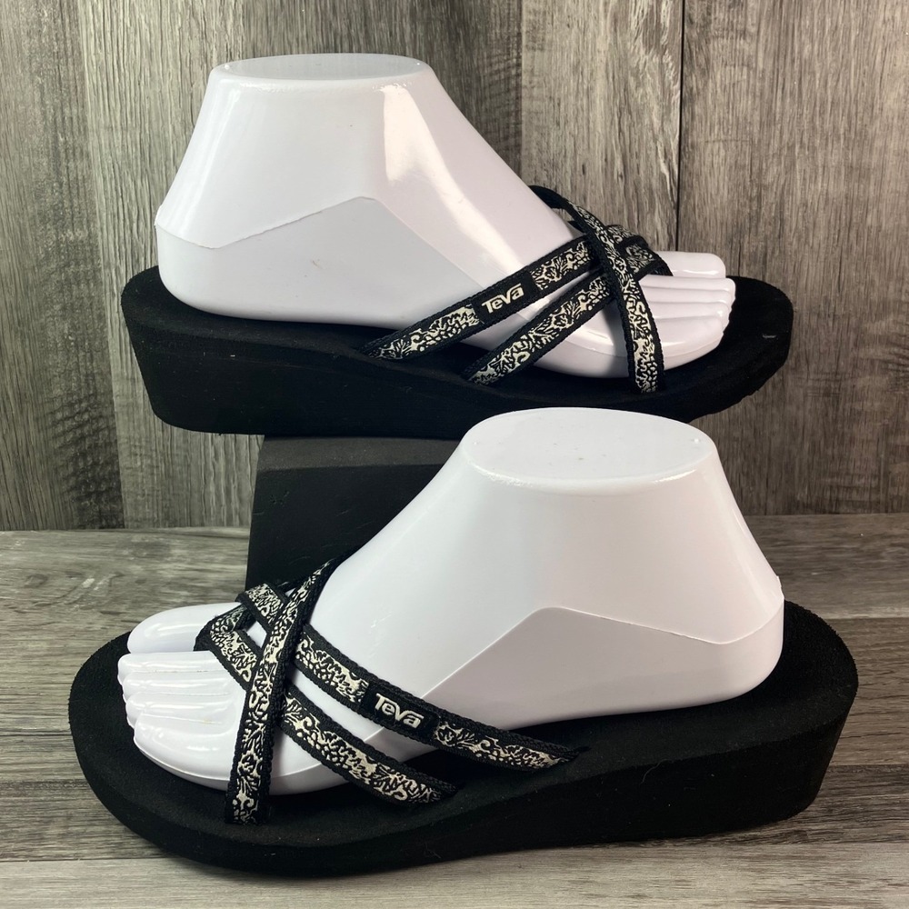 Teva Mush Mandalyn Wedge Ola 2 Sandals Black White Strappy Women 8 1000099